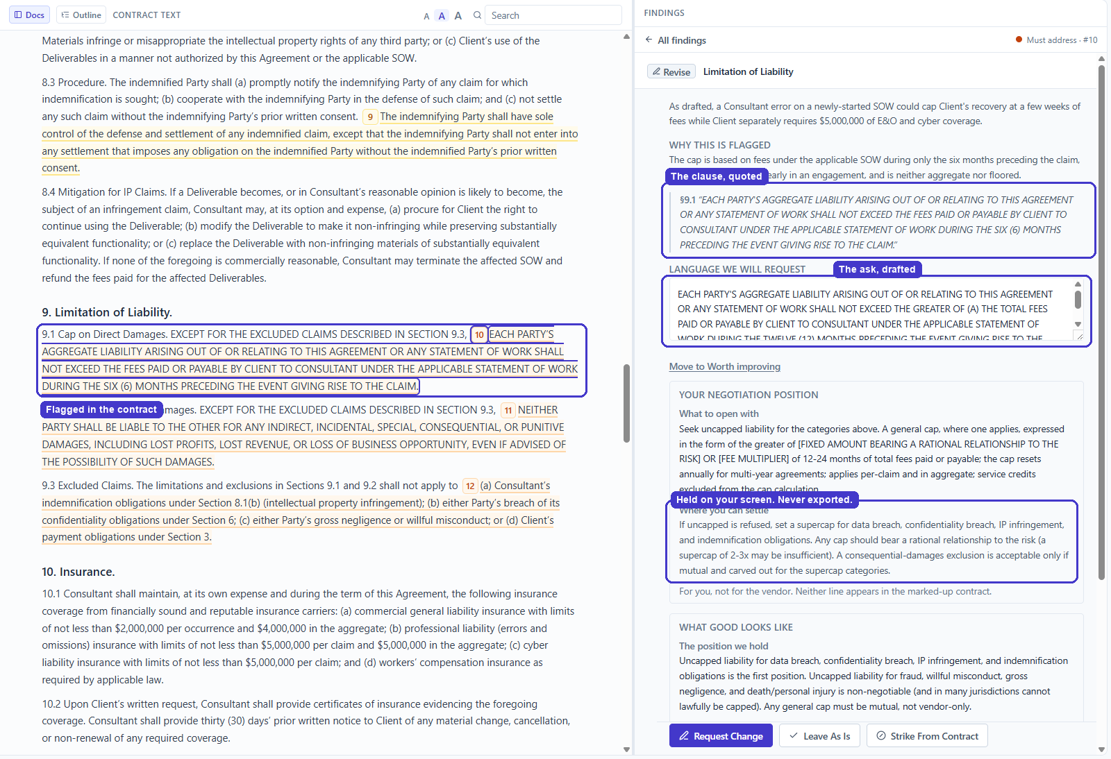 A finding in the RCI review workspace: the flagged clause in the contract, the clause quoted as evidence, the replacement language drafted and ready to send, and the negotiation position with the settle point shown only as a panel reading held on your screen, never exported